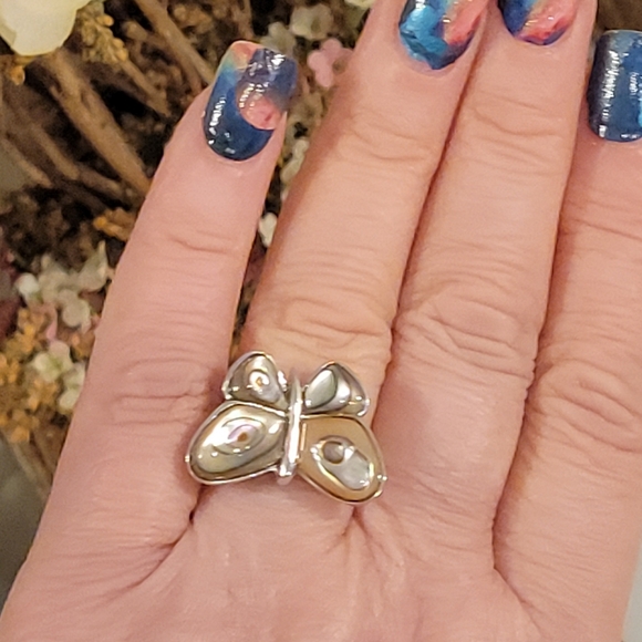 STERLING SILVER STAMPED 925 ABALONE BUTTERFLY RING - Picture 2 of 7